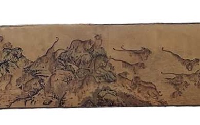 A large early 20th century Chinese scroll depicting conflicting tigers...