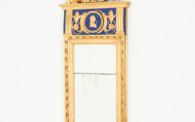 A late 18th century Gustavian mirror, partly cut decoration, gilt and painted, split mercury foiled glass.