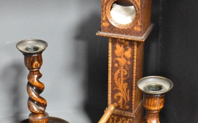 A late 19th Century inlaid pokerwork pocket watch stand, in the form of a longcase clock