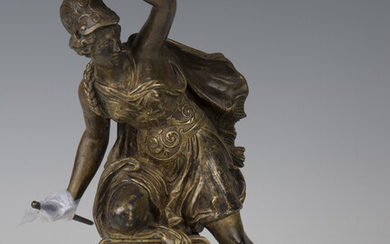A late 19th century Continental gilt cast bronze figure of a Classical female warrior, holding a shi
