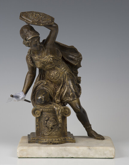 A late 19th century Continental gilt cast bronze figure of a Classical female warrior, holding a shi