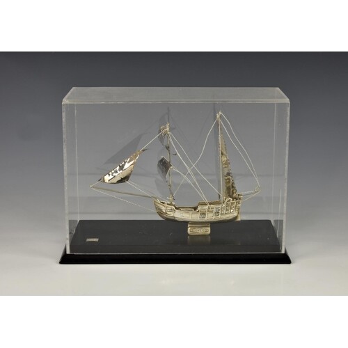 A miniature Continental sterling silver model of a galleon s...