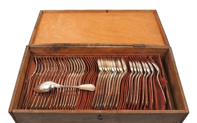 A mixed quantity of silver and silver plated flatware, in wood box, including: three Scottish silver table forks, Edinburgh, 1835 and 1841, James Howden & Co., 11 silver plated table spoons including examples by Christofle, 8 silver plated dessert...
