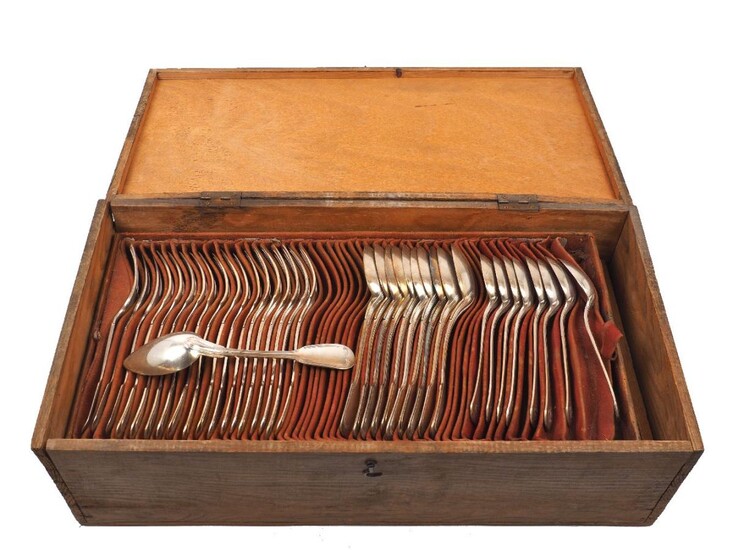 A mixed quantity of silver and silver plated flatware, in wood box, including: three Scottish silver table forks, Edinburgh, 1835 and 1841, James Howden & Co., 11 silver plated table spoons including examples by Christofle, 8 silver plated dessert...