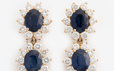 A pair of 18K gold earrings with faceted sapphires and round brilliant-cut diamonds