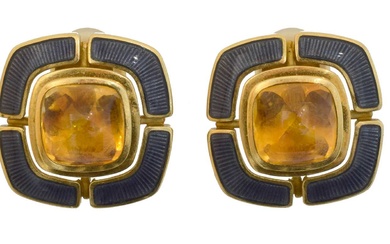 A pair of 18ct gold citrine and enamel Leo de Vroomen earrings.