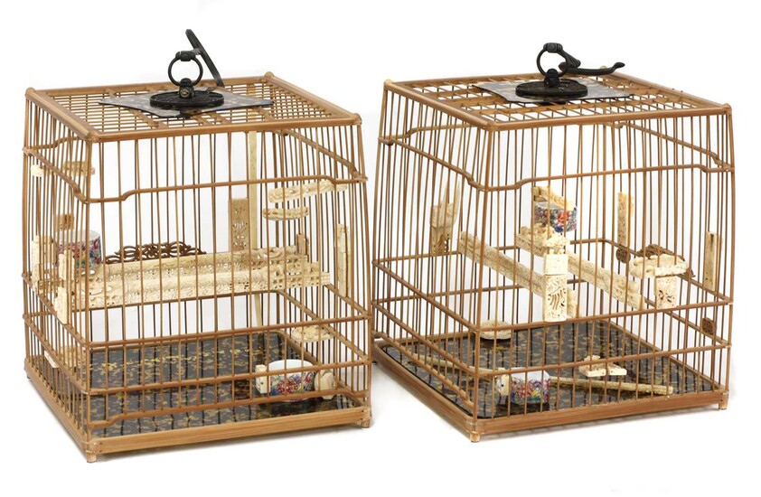 A pair of Chinese bamboo birdcages