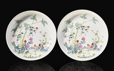 A pair of Chinese famille rose "Cockerel" dishes, Guangxu six-character marks, possibly Republic
