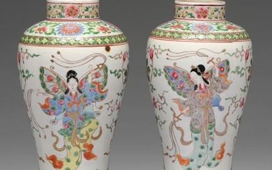 A pair of Chinese famille rose vases, 20th c, enamelled with...