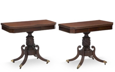 SOLD. A pair of English/American mahogany foldover tea tables, each with profiled piller on tapered legs with brass cappings and castors. Early 19th century. – Bruun Rasmussen Auctioneers of Fine Art
