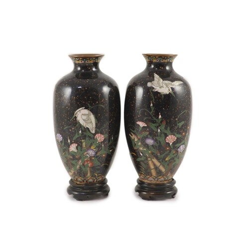 A pair of Japanese silver wire cloisonné enamel egret vase...