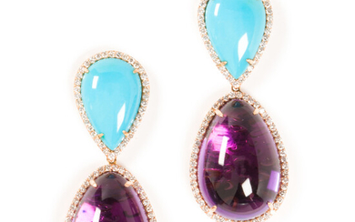 A pair of amethyst, turquoise, diamond and eighteen karat rose gold pendant earrings