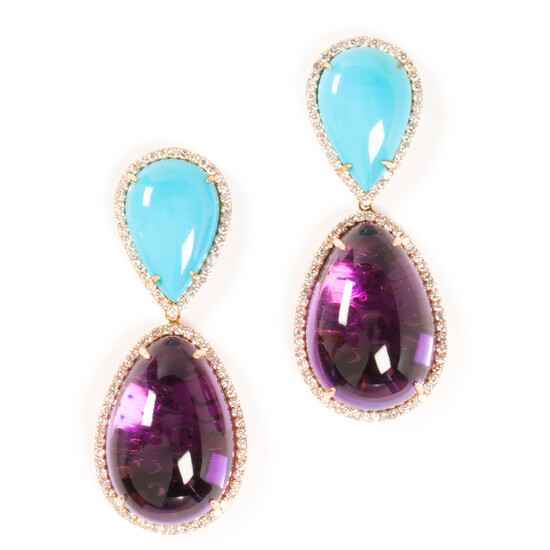 A pair of amethyst, turquoise, diamond and eighteen karat rose gold pendant earrings