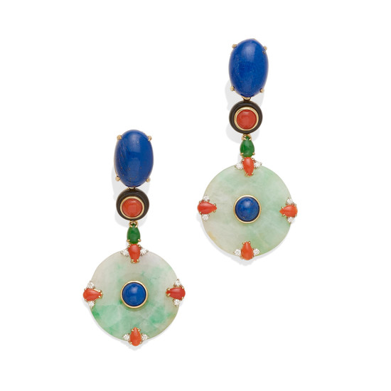 A pair of jade, hard stone and diamond ear pendants