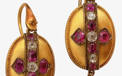 A pair of mid 19th century yellow gold and gem-set ear pendants