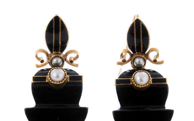 A pair of onyx, split pearl and enamel earrings.