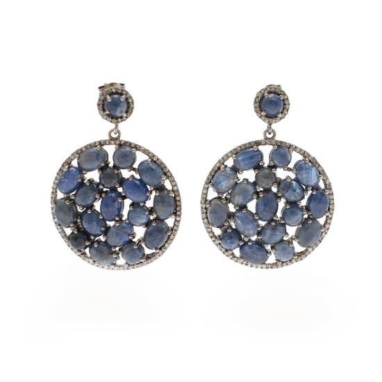 A pair of sapphire and diamond ear pendants each set with numerous rose-cut sapphires and single-cut diamonds, mounted in oxidised silver. (2)