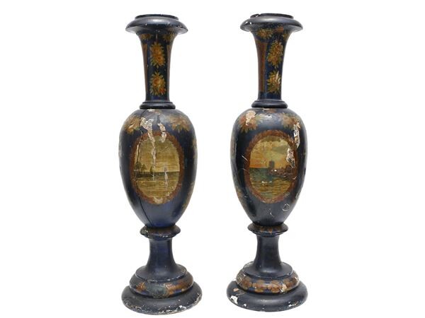 A pair of two vases in lacquered wood South Italy, end of the 19th century