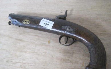 A percussion lock pistol with engraved barrel, the lock in w...