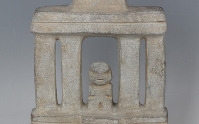 A pre-Columbian Mezcala style carved grey hardstone model of a temple, probably 700-300 BC, modelled