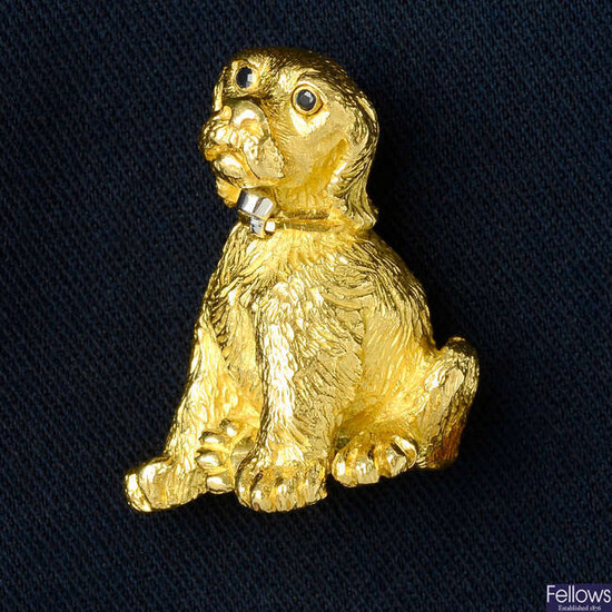 A puppy brooch, with sapphire eyes and brilliant-cut diamond hinged dog tag, by Tiffany & Co.