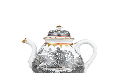 A rare Meissen Hausmaler teapot and cover, the porcelain early 1720s, the decoration probably circa 1740