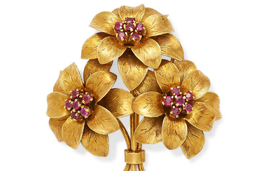 A ruby and gold flower brooch,, Tiffany & Co.