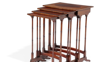 A set of four 19th century Regency mahogany nesting tables with inlays and “faux bamboo” bases. H. 64–69. L. 36–50. W. 27–35 cm. (4)
