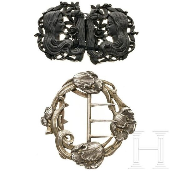 A silver and an ebony art-nouveau belt buckle, French