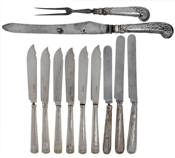 A small group of silver, comprising: a carving knife and fork with filled silver pistol grip handles, Sheffield, 1905, probably Harrison Brothers & Howson (George Howson); three fish knives, with filled silver handles with shell terminals and...