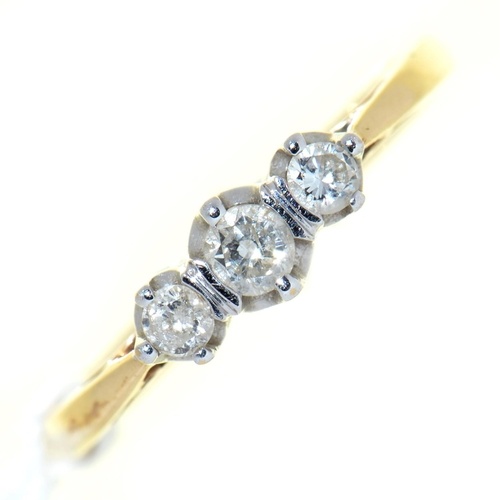 A three stone diamond ring, in 9ct gold, 1.8g, size M...