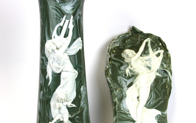 A unusual marbled German porcelain Art Nouveau vase and wall plaque, H. 36cm. Condition: minor damage to vase.