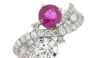 A vari-cut diamond and ruby crossover ring.