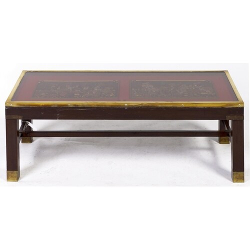 A vintage brass bound mahogany-stained rectangular coffee ta...