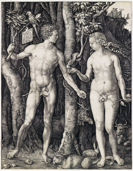 ALBRECHT DÜRER Adam and Eve. Engraving, 1504. 251x193 mm; 9 7/8x7 5/8 inches....