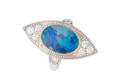 AN 18CT WHITE GOLD OPAL AND DIAMOND RING