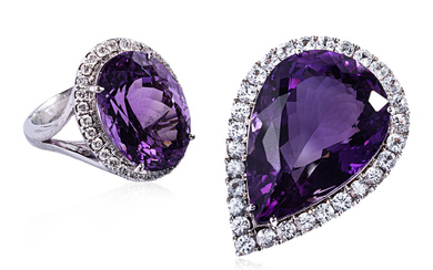 AN AMETHYST AND DIAMOND RING AND PENDANT