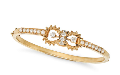AN ANTIQUE DIAMOND AND PEARL BANGLE in yellow gold ...