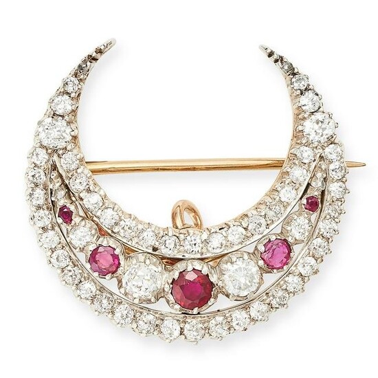 AN ANTIQUE RUBY AND DIAMOND CRESCENT MOON BROOCH in yellow gold and silver, designed as a crescent