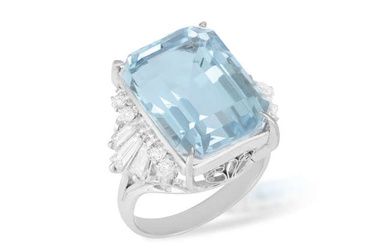 AN AQUAMARINE AND DIAMOND RING, set with a rectangular-shaped aquamarine weighing approximately...