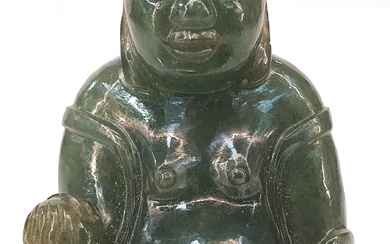 AN EARLY 20TH CENTURY CHINESE JADE FIGURE OF HAPPY BUDDHA