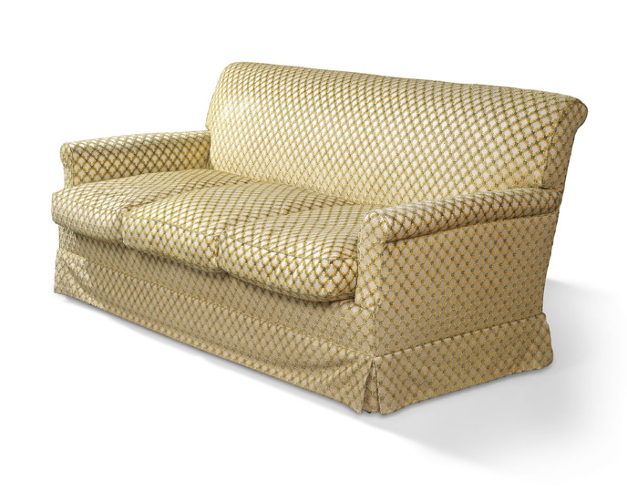 AN ENGLISH HOWARD THREE-SEAT YELLOW SOFA, BY LENYGON AND MORANT, MID-20TH CENTURY