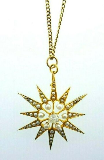 ANTIQUE 18k Yellow Gold, Pearl & Diamond Star Motif
