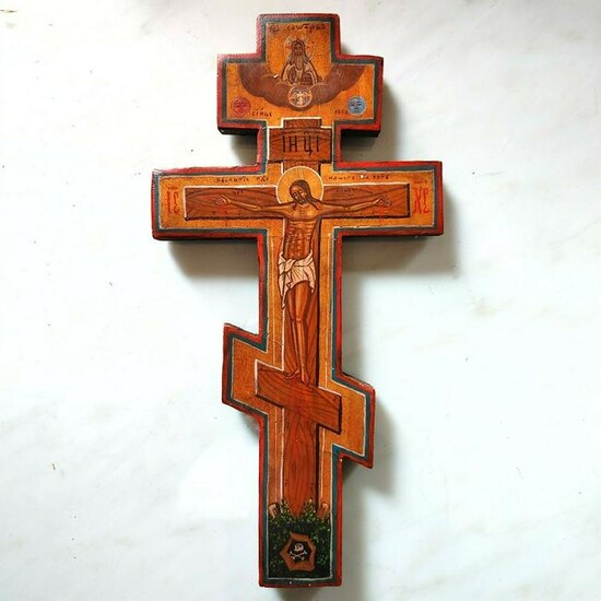 ANTIQUE 19c RUSSIAN ORTHODOX HAND PAINTED WOODEN CROSS