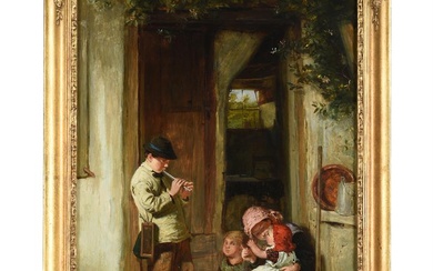 ARTHUR STOCKS (BRITISH 1846-1889), A PIPER WITH OTHER FIGURES