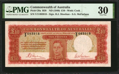 AUSTRALIA. Commonwealth of Australia. 10 Pounds, ND (1940). P-28A. PMG Very Fine 30.