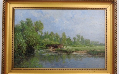 Alexandre René VÉRON (1826-1897). Landscape with washerwomen. Oil...
