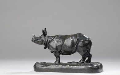 Alfred BARYE (1839-1882) Rhinocéros Bronze à patine brune. Signé BARYE sur la terrasse. H. 9,3...