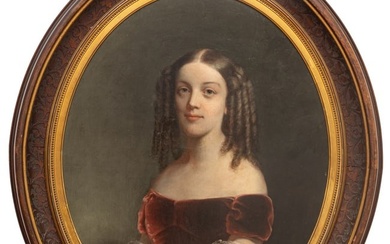 American Oil on Canvas, Ca. 1840-70, "Portrait of a Debutante", H 36" W 29"