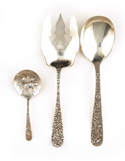 American silver floral repousse flatware, S. Kirk & Son, Stieff (15pcs)